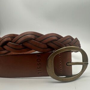 FOSSIL Leather Belt VINTAGE WOVAN CENTER Chestnut 1-1/3” Wide Brass WOMAN L